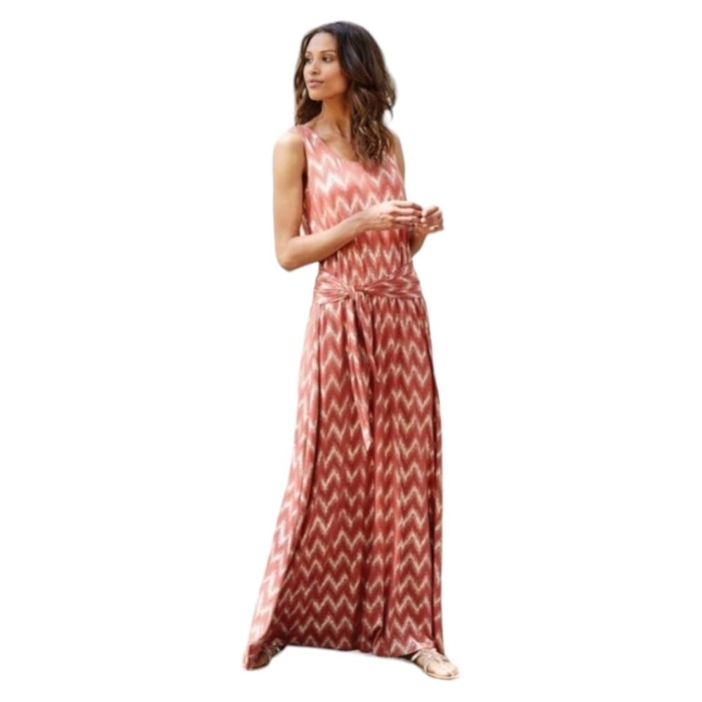 Soft Surroundings Alessandra Salmon Gold Metallic Chevron Boho Maxi Dress Small